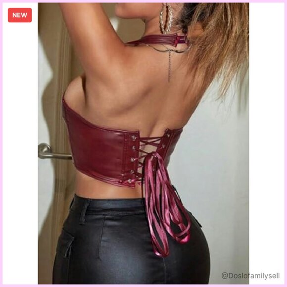 Y2K PU Leather Halter Neck Backless Crop Top Asymmetrical Party Wear - Picture 3 of 7